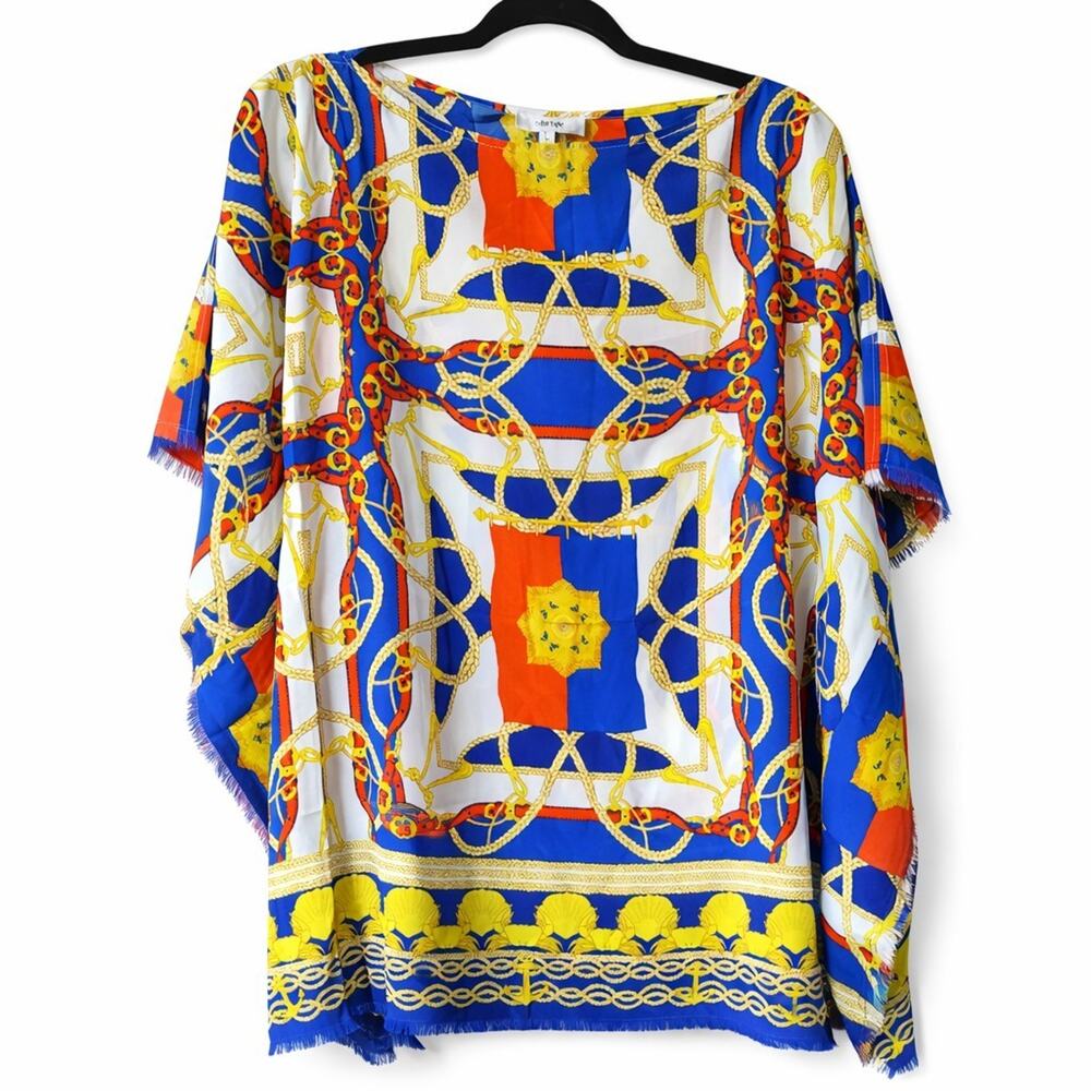Tyler Boe Silk Top S/M Equestrian Chain Print Blue Red Gold Tunic Top Boho